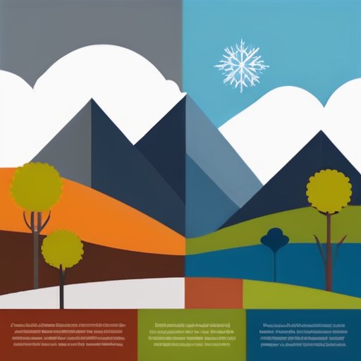 Геологический ландшафт с четырьмя сезонами: весной, летом, осенью и зимой, с соответствующими природными и геологическими элементами.