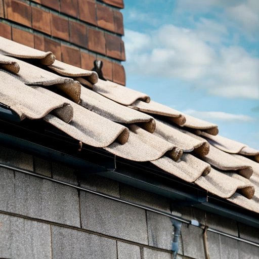 Ремонт крыши: частично снятая шиферная плита, инструменты, лестница и рулон гидроизоляции.