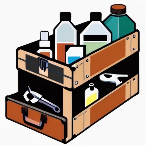 Ящик с инструментами и контейнерами с химическими растворителями на строительном фоне.