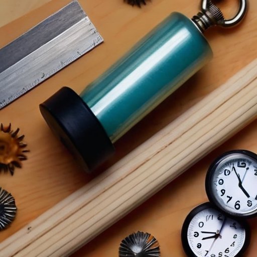 Тюбик клея, окруженный материалами для DIY-проекта: дерево, металл, керамика, с таймером и часами.