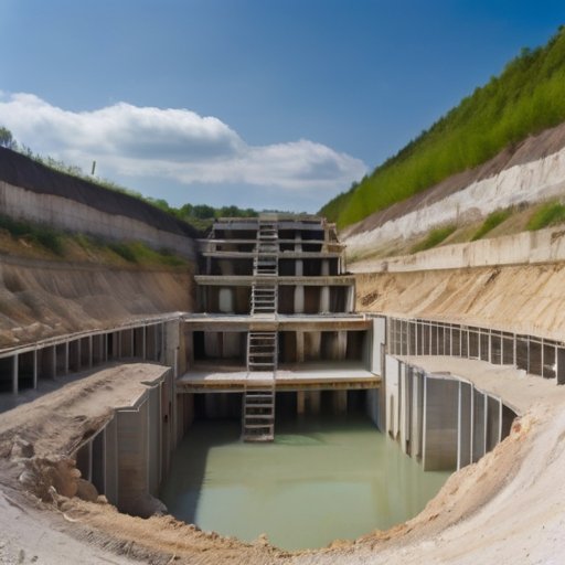 Срез известнякового карьера с процессом добычи извести, оборудованием и продуктами на фоне голубого неба и зелёного ландшафта.
